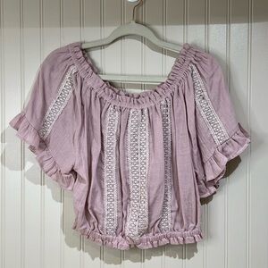 POL women’s pink lace peasant ruffle short sleeve boho top new